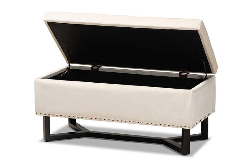 Barrington Beige Velvet Fabric Upholstered and Dark Brown Storage Ottoman Baxton