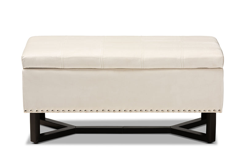 Barrington Modern and Contemporary Beige Velvet Fabric Upholstered and Dark Brown Finished Wood Storage Ottoman