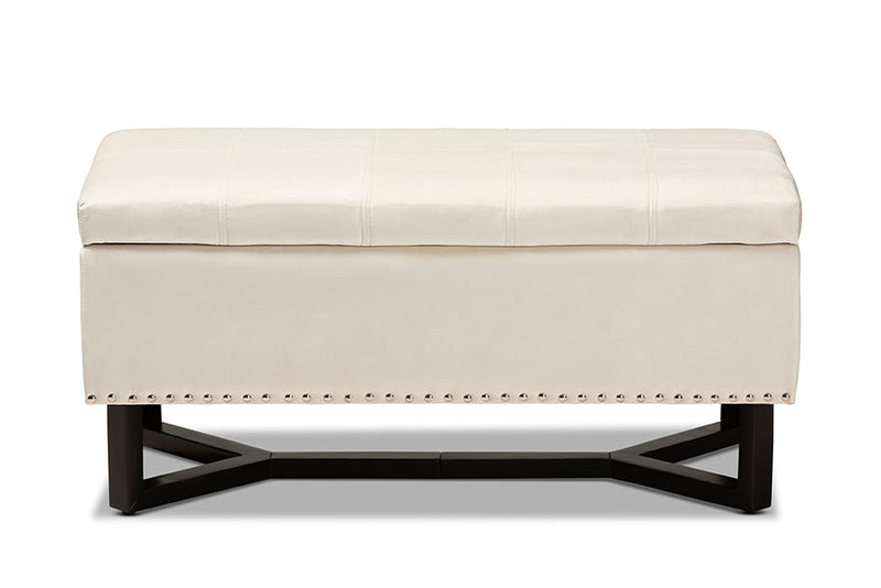 Barrington Beige Velvet Fabric Upholstered and Dark Brown Storage Ottoman Baxton