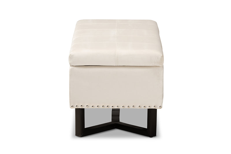 Barrington Modern and Contemporary Beige Velvet Fabric Upholstered and Dark Brown Finished Wood Storage Ottoman