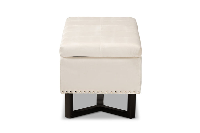 Barrington Beige Velvet Fabric Upholstered and Dark Brown Storage Ottoman Baxton