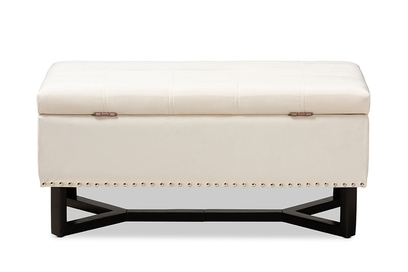 Barrington Modern and Contemporary Beige Velvet Fabric Upholstered and Dark Brown Finished Wood Storage Ottoman