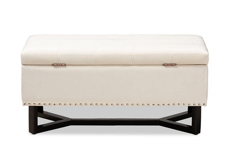 Barrington Beige Velvet Fabric Upholstered and Dark Brown Storage Ottoman Baxton