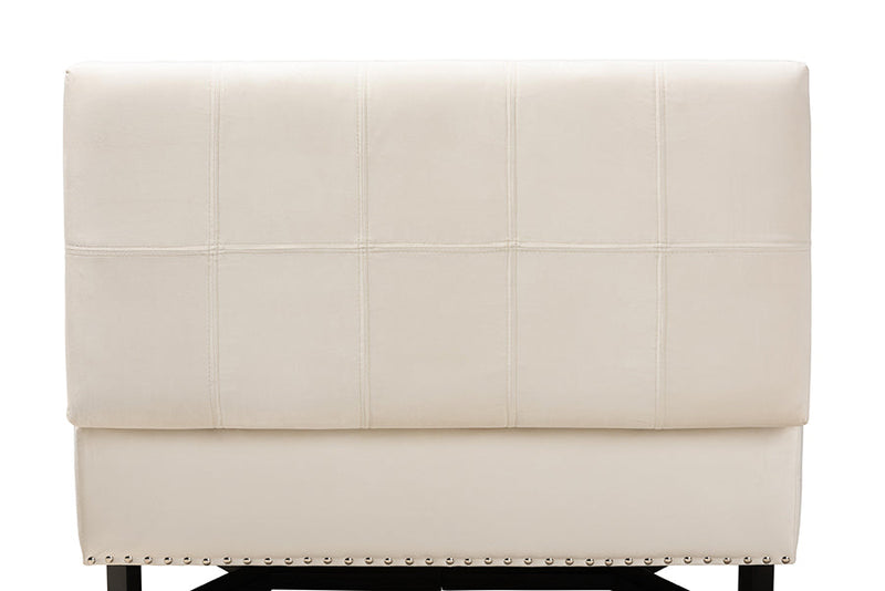 Barrington Beige Velvet Fabric Upholstered and Dark Brown Storage Ottoman Baxton