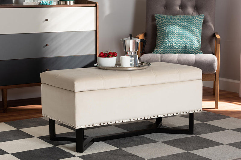 Barrington Beige Velvet Fabric Upholstered and Dark Brown Storage Ottoman Baxton