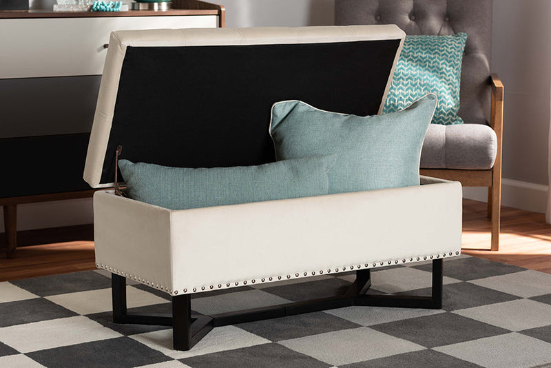 Barrington Beige Velvet Fabric Upholstered and Dark Brown Storage Ottoman Baxton