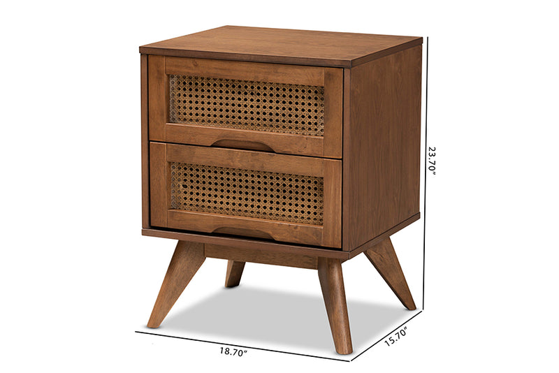 Flint Mid-Century Modern Walnut Brown Finished Wood and Synthetic Rattan 2-Drawer Nightstand