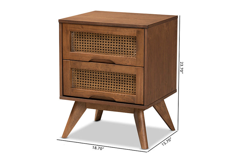 Flint Walnut Brown and Synthetic Rattan 2-Drawer Nightstand Baxton