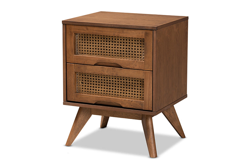 Flint Mid-Century Modern Walnut Brown Finished Wood and Synthetic Rattan 2-Drawer Nightstand