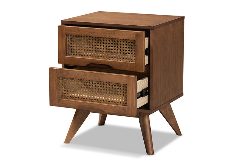 Flint Mid-Century Modern Walnut Brown Finished Wood and Synthetic Rattan 2-Drawer Nightstand