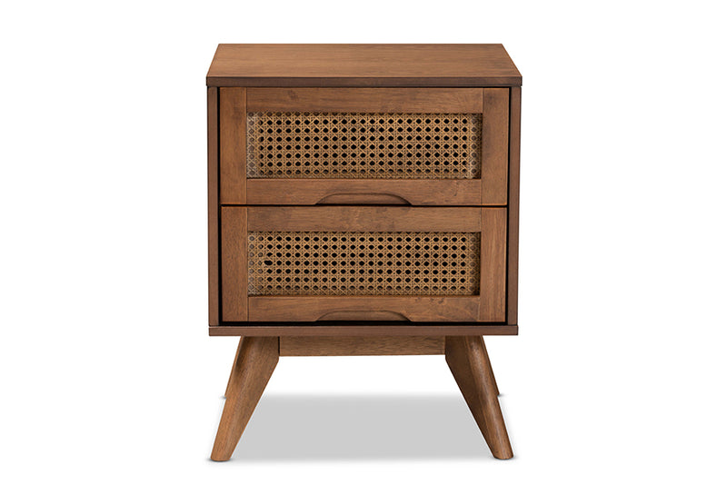 Flint Mid-Century Modern Walnut Brown Finished Wood and Synthetic Rattan 2-Drawer Nightstand