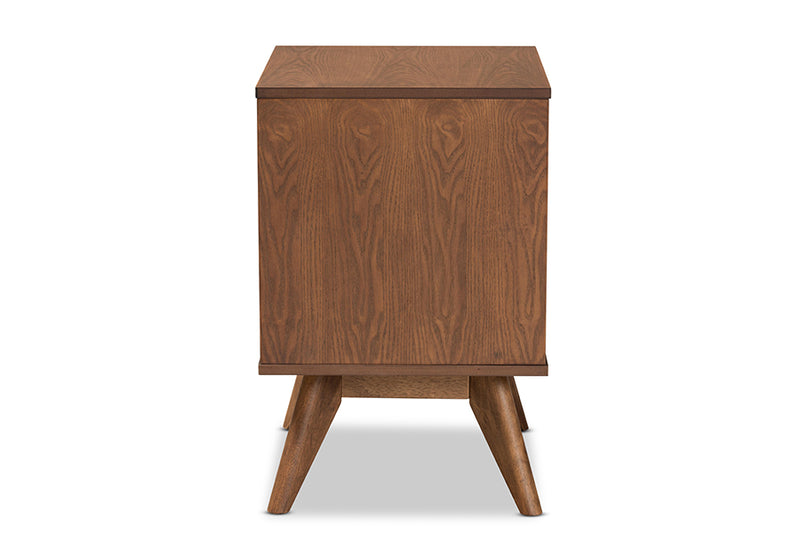 Flint Mid-Century Modern Walnut Brown Finished Wood and Synthetic Rattan 2-Drawer Nightstand