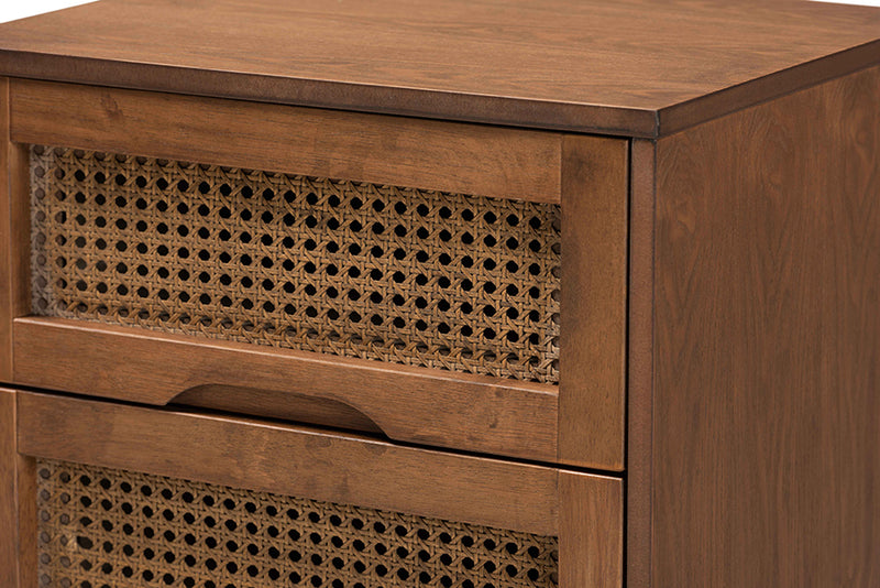 Flint Mid-Century Modern Walnut Brown Finished Wood and Synthetic Rattan 2-Drawer Nightstand