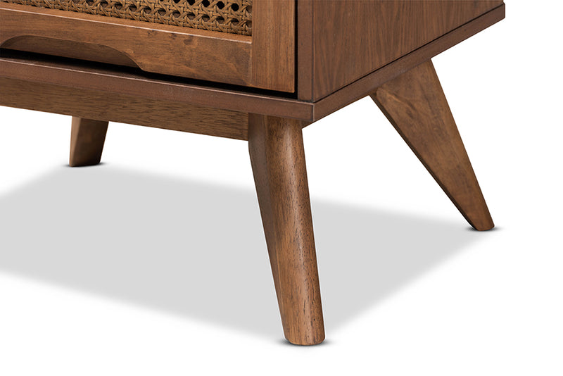 Flint Mid-Century Modern Walnut Brown Finished Wood and Synthetic Rattan 2-Drawer Nightstand