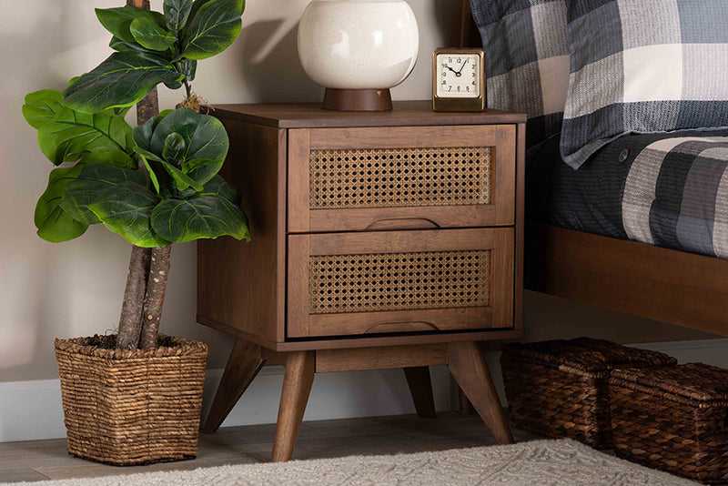 Flint Mid-Century Modern Walnut Brown Finished Wood and Synthetic Rattan 2-Drawer Nightstand