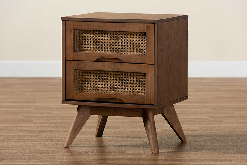 Flint Mid-Century Modern Walnut Brown Finished Wood and Synthetic Rattan 2-Drawer Nightstand