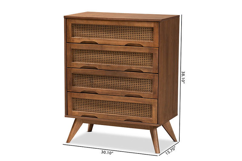 Flint Mid-Century Modern Walnut Brown Finished Wood and Synthetic Rattan 4-Drawer Chest