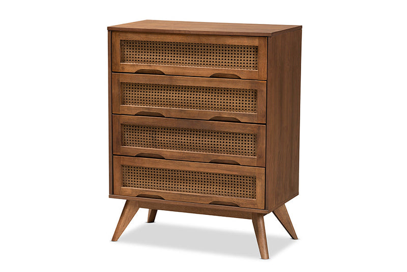 Flint Walnut Brown and Synthetic Rattan 4-Drawer Chest Baxton