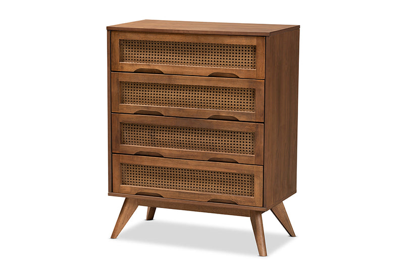 Flint Mid-Century Modern Walnut Brown Finished Wood and Synthetic Rattan 4-Drawer Chest