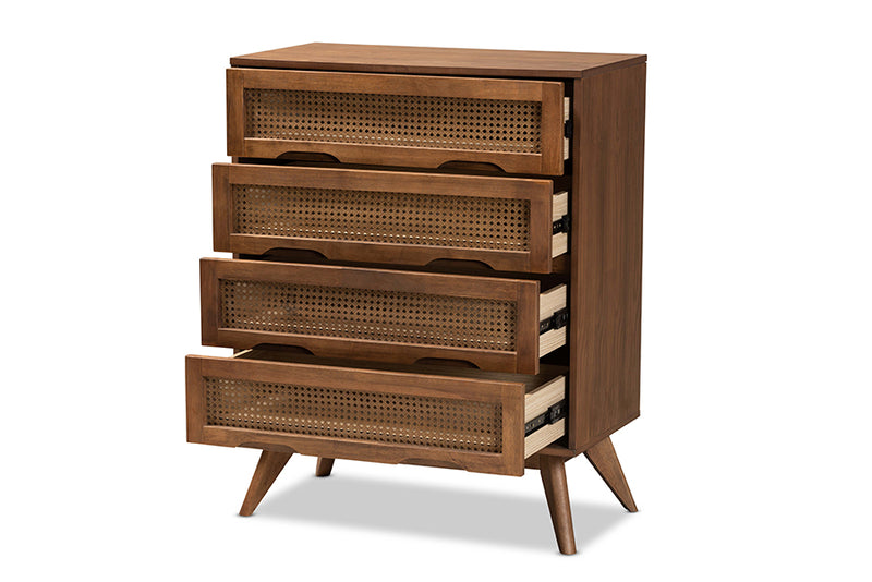 Flint Mid-Century Modern Walnut Brown Finished Wood and Synthetic Rattan 4-Drawer Chest