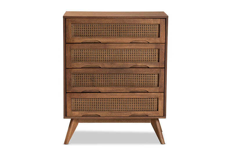 Flint Mid-Century Modern Walnut Brown Finished Wood and Synthetic Rattan 4-Drawer Chest