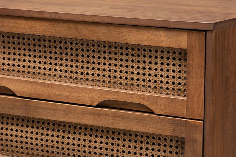 Flint Mid-Century Modern Walnut Brown Finished Wood and Synthetic Rattan 4-Drawer Chest