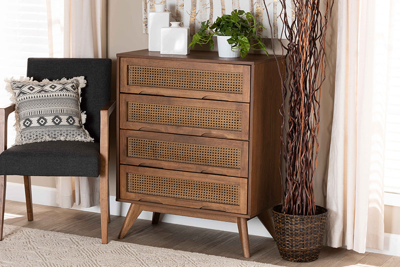 Flint Mid-Century Modern Walnut Brown Finished Wood and Synthetic Rattan 4-Drawer Chest