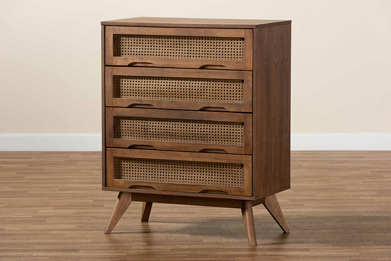 Flint Mid-Century Modern Walnut Brown Finished Wood and Synthetic Rattan 4-Drawer Chest