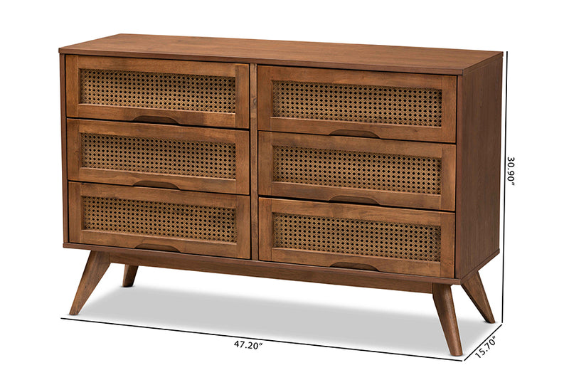 Flint Mid-Century Modern Walnut Brown Finished Wood and Synthetic Rattan 6-Drawer Dresser