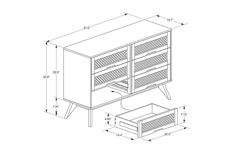 Flint Mid-Century Modern Walnut Brown Finished Wood and Synthetic Rattan 6-Drawer Dresser