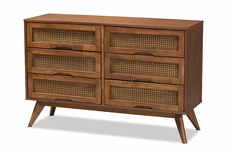 Flint Mid-Century Modern Walnut Brown Finished Wood and Synthetic Rattan 6-Drawer Dresser