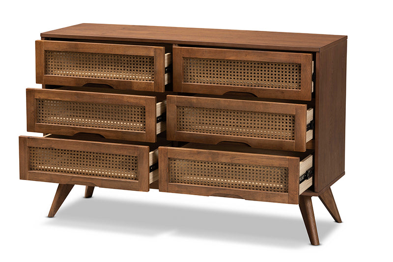 Flint Mid-Century Modern Walnut Brown Finished Wood and Synthetic Rattan 6-Drawer Dresser