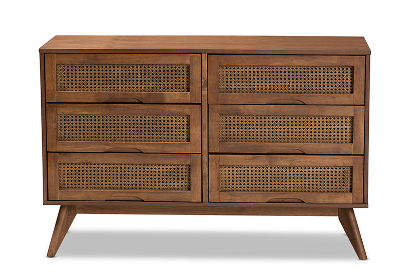 Flint Mid-Century Modern Walnut Brown Finished Wood and Synthetic Rattan 6-Drawer Dresser