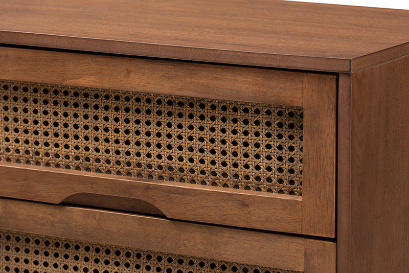 Flint Mid-Century Modern Walnut Brown Finished Wood and Synthetic Rattan 6-Drawer Dresser