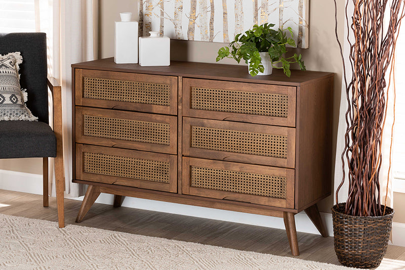 Flint Mid-Century Modern Walnut Brown Finished Wood and Synthetic Rattan 6-Drawer Dresser