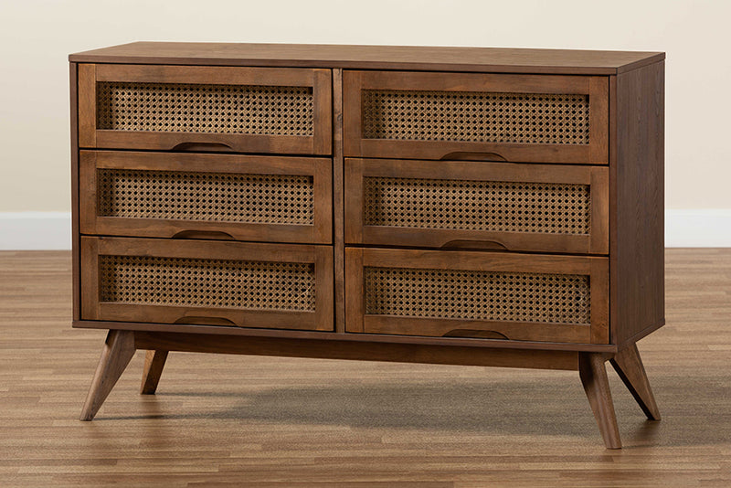 Flint Mid-Century Modern Walnut Brown Finished Wood and Synthetic Rattan 6-Drawer Dresser