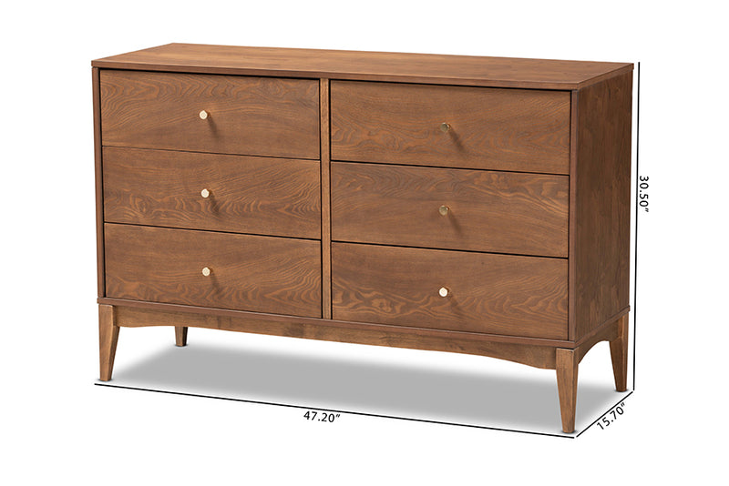 Quincia Mid-Century Modern Ash Walnut Finished Wood 6-Drawer Dresser