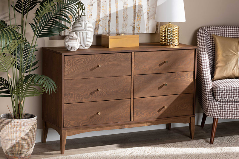 Quincia Mid-Century Modern Ash Walnut Finished Wood 6-Drawer Dresser