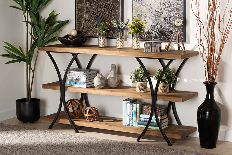 Mae Modern Rustic and Industrial Natural Brown Finished Wood and Black Finished Metal Console Table