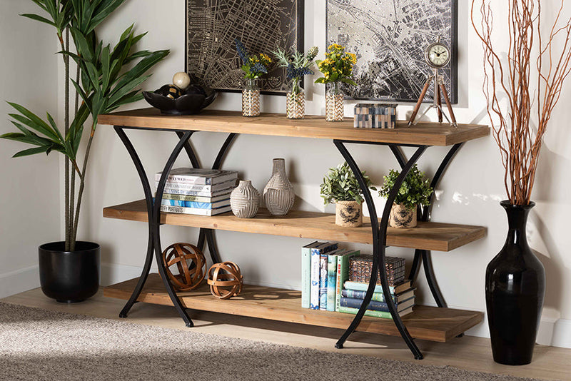 Mae Modern Natural Brown and Black Finished Metal Console Table Baxton