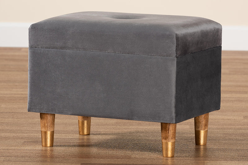 Raziel Modern and Contemporary Gray Velvet Fabric Upholstered and Oak Brown Finished Wood Storage Ottoman