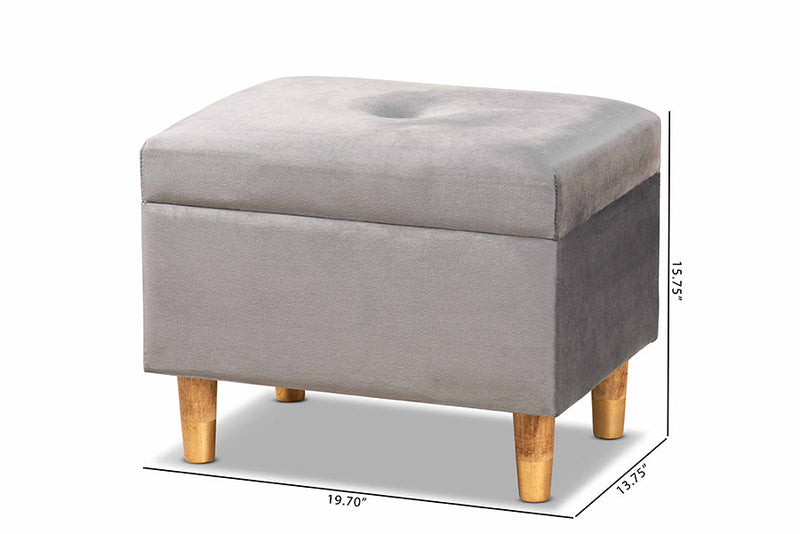 Raziel Gray Velvet Fabric Upholstered and Oak Brown Storage Ottoman Baxton
