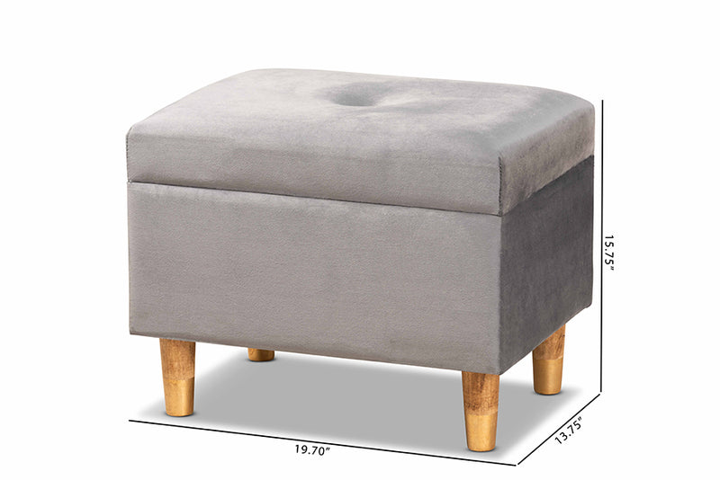 Raziel Modern and Contemporary Gray Velvet Fabric Upholstered and Oak Brown Finished Wood Storage Ottoman