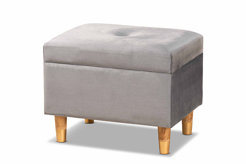 Raziel Modern and Contemporary Gray Velvet Fabric Upholstered and Oak Brown Finished Wood Storage Ottoman