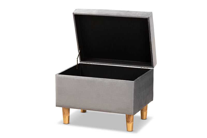 Raziel Modern and Contemporary Gray Velvet Fabric Upholstered and Oak Brown Finished Wood Storage Ottoman