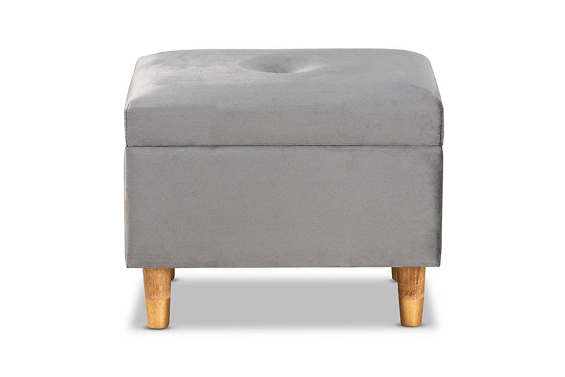 Raziel Gray Velvet Fabric Upholstered and Oak Brown Storage Ottoman Baxton