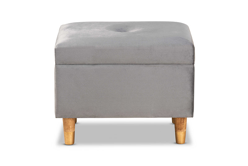 Raziel Modern and Contemporary Gray Velvet Fabric Upholstered and Oak Brown Finished Wood Storage Ottoman