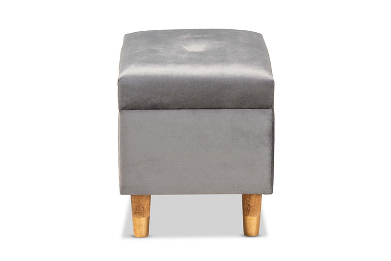 Raziel Gray Velvet Fabric Upholstered and Oak Brown Storage Ottoman Baxton