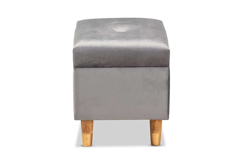 Raziel Modern and Contemporary Gray Velvet Fabric Upholstered and Oak Brown Finished Wood Storage Ottoman