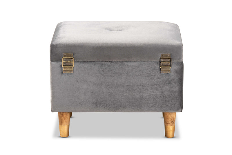 Raziel Modern and Contemporary Gray Velvet Fabric Upholstered and Oak Brown Finished Wood Storage Ottoman